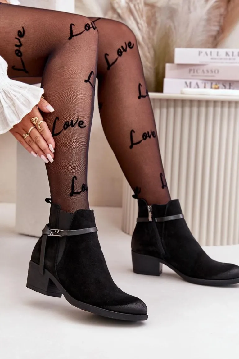 Zazoo 60478 Zamszowe Botki Na Obcasie Ocieplane Zapinane Na Zamek Czarne