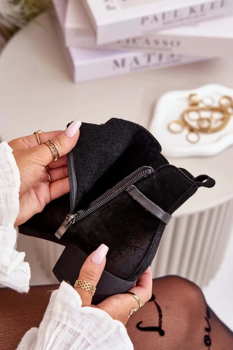 Zazoo 60478 Zamszowe Botki Na Obcasie Ocieplane Zapinane Na Zamek Czarne