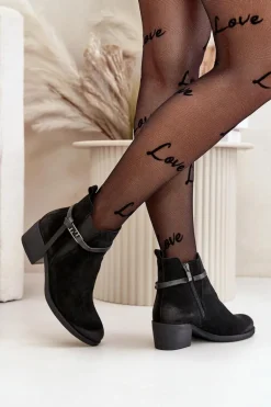 Zazoo 60478 Zamszowe Botki Na Obcasie Ocieplane Zapinane Na Zamek Czarne