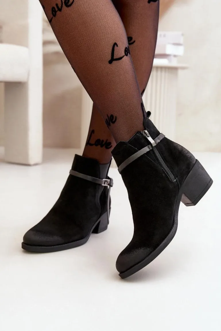 Zazoo 60478 Zamszowe Botki Na Obcasie Ocieplane Zapinane Na Zamek Czarne