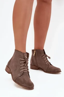 Zazoo 2964 Zamszowe Botki Na Płaskim Obcasie Ciemnobeżowe