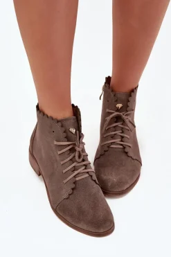 Zazoo 2964 Zamszowe Botki Na Płaskim Obcasie Ciemnobeżowe