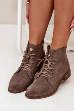 Zazoo 2964 Zamszowe Botki Na Płaskim Obcasie Ciemnobeżowe