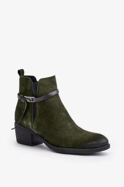 Zazoo 60478 Zamszowe Botki Na Obcasie Ocieplane Zapinane Na Zamek Ciemnozielone