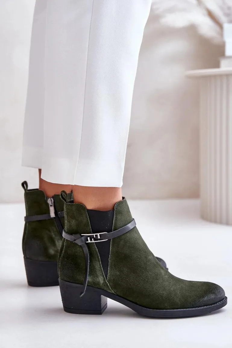 Zazoo 60478 Zamszowe Botki Na Obcasie Ocieplane Zapinane Na Zamek Ciemnozielone
