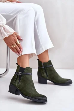 Zazoo 60478 Zamszowe Botki Na Obcasie Ocieplane Zapinane Na Zamek Ciemnozielone