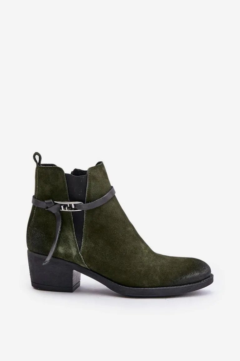 Zazoo 60478 Zamszowe Botki Na Obcasie Ocieplane Zapinane Na Zamek Ciemnozielone