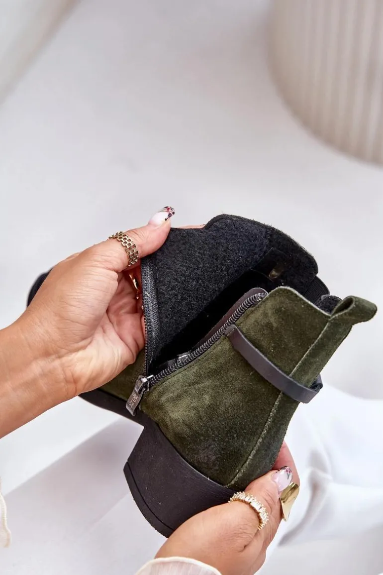 Zazoo 60478 Zamszowe Botki Na Obcasie Ocieplane Zapinane Na Zamek Ciemnozielone