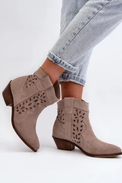Zazoo 2870 Zamszowe Botki Na Niskim Obcasie Ażurowe Beżowe