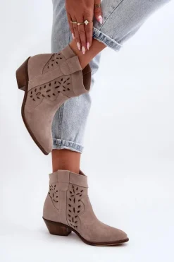 Zazoo 2870 Zamszowe Botki Na Niskim Obcasie Ażurowe Beżowe