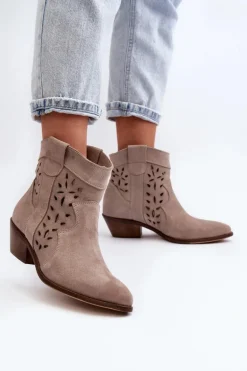 Zazoo 2870 Zamszowe Botki Na Niskim Obcasie Ażurowe Beżowe