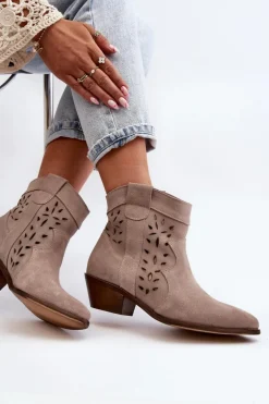 Zazoo 2870 Zamszowe Botki Na Niskim Obcasie Ażurowe Beżowe