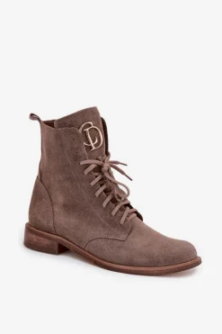 Zazoo 2955 Zamszowe Botki Workery Ze Złotym Detalem Na Języku Ciemnobeżowe