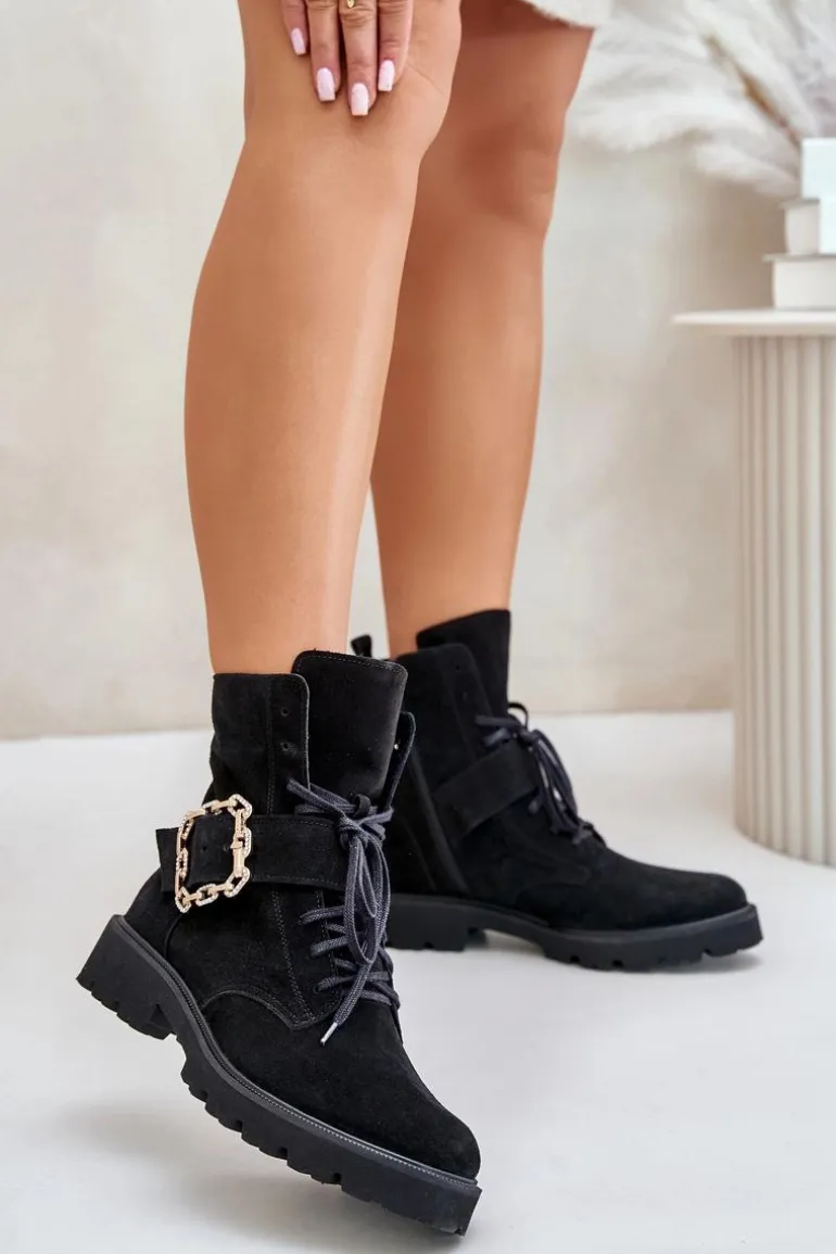 Zazoo 2951 Zamszowe Botki Z Ozdobną Klamrą Czarne