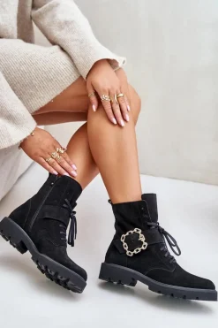 Zazoo 2951 Zamszowe Botki Z Ozdobną Klamrą Czarne