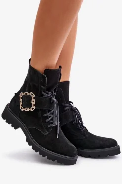 Zazoo 2951 Zamszowe Botki Z Ozdobną Klamrą Czarne