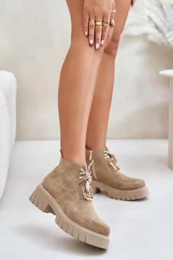 Zazoo 2952 Zamszowe Botki Ze Złotą Ozdobą Beżowe