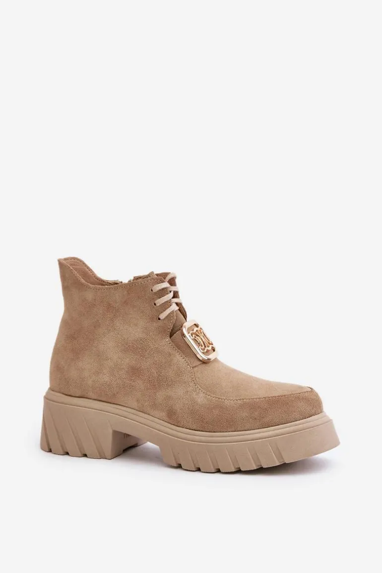 Zazoo 2952 Zamszowe Botki Ze Złotą Ozdobą Beżowe
