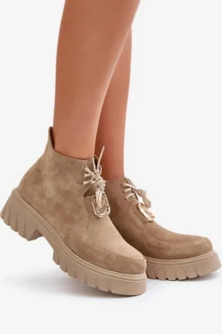Zazoo 2952 Zamszowe Botki Ze Złotą Ozdobą Beżowe
