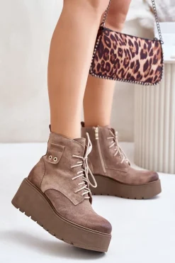 Zazoo 60499 Zamszowe Damskie Botki Na Platformie I Koturnie Ocieplane Beżowe