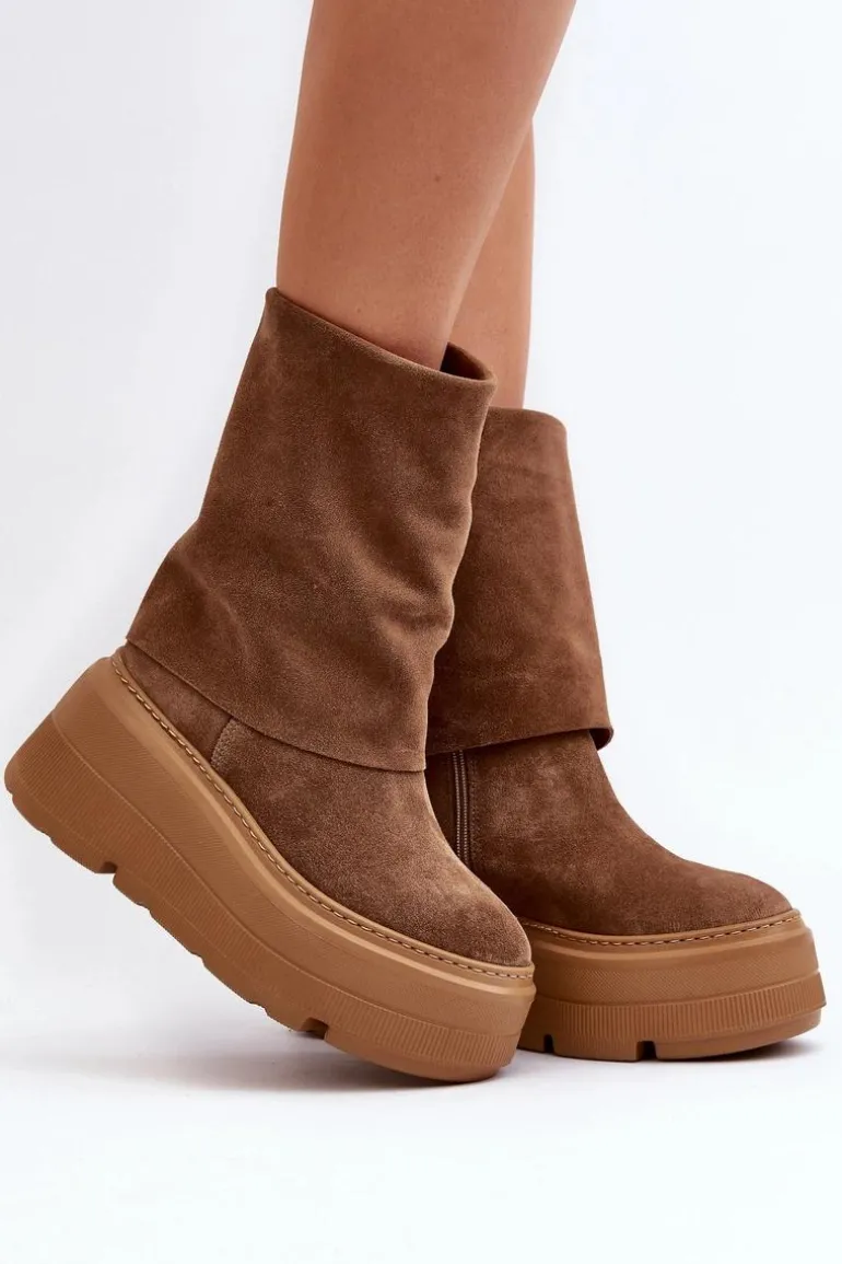 Zazoo 3410 Zamszowe Damskie Botki Na Masywnej Platformie Camel
