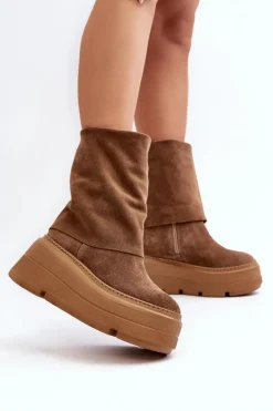Zazoo 3410 Zamszowe Damskie Botki Na Masywnej Platformie Camel