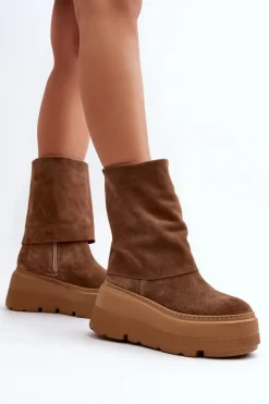 Zazoo 3410 Zamszowe Damskie Botki Na Masywnej Platformie Camel
