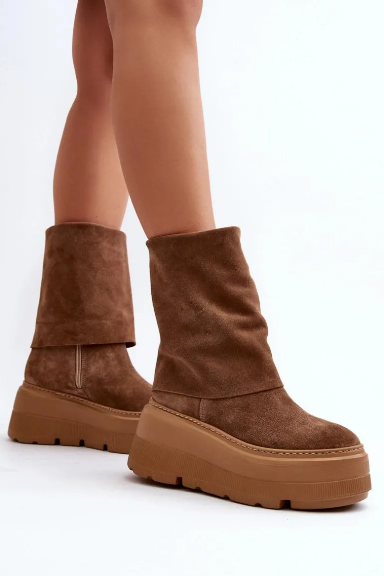 Zazoo 3410 Zamszowe Damskie Botki Na Masywnej Platformie Camel