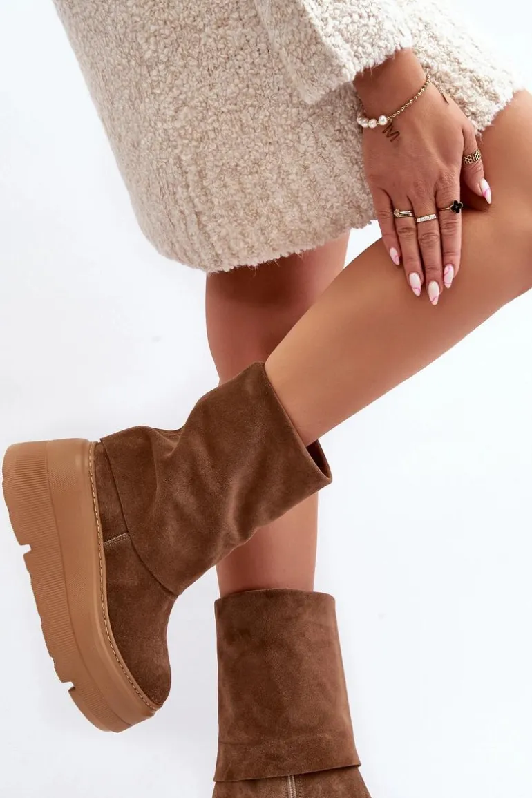 Zazoo 3410 Zamszowe Damskie Botki Na Masywnej Platformie Camel