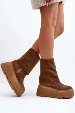 Zazoo 3410 Zamszowe Damskie Botki Na Masywnej Platformie Camel