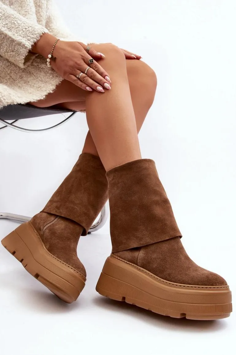 Zazoo 3410 Zamszowe Damskie Botki Na Masywnej Platformie Camel