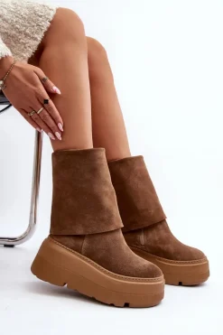 Zazoo 3410 Zamszowe Damskie Botki Na Masywnej Platformie Camel
