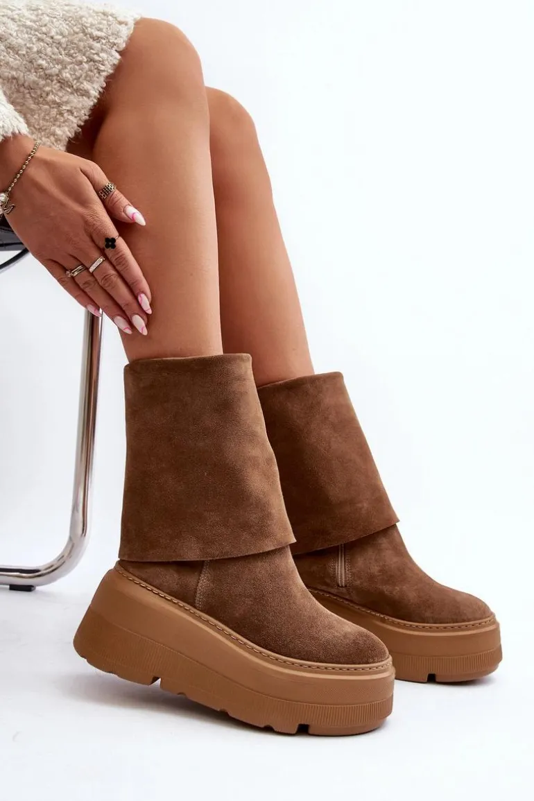 Zazoo 3410 Zamszowe Damskie Botki Na Masywnej Platformie Camel