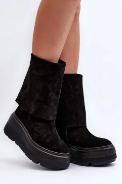 Zazoo 3410 Zamszowe Damskie Botki Na Masywnej Platformie Czarne