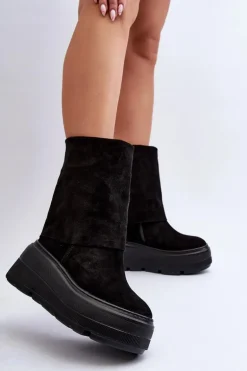 Zazoo 3410 Zamszowe Damskie Botki Na Masywnej Platformie Czarne