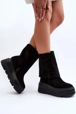 Zazoo 3410 Zamszowe Damskie Botki Na Masywnej Platformie Czarne