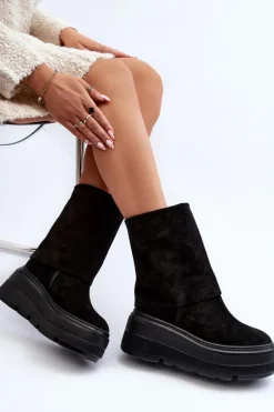 Zazoo 3410 Zamszowe Damskie Botki Na Masywnej Platformie Czarne