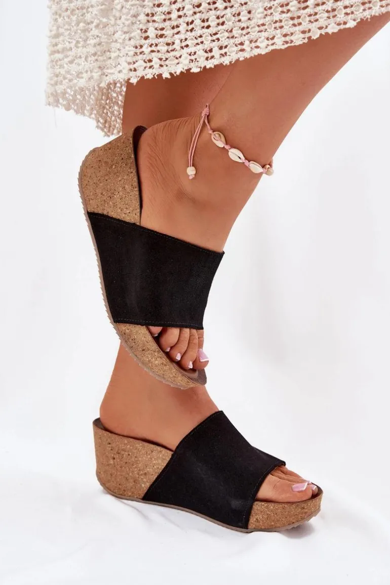 Zazoo 40311 Zamszowe Klapki Damskie Na Korkowym Koturnie Czarne