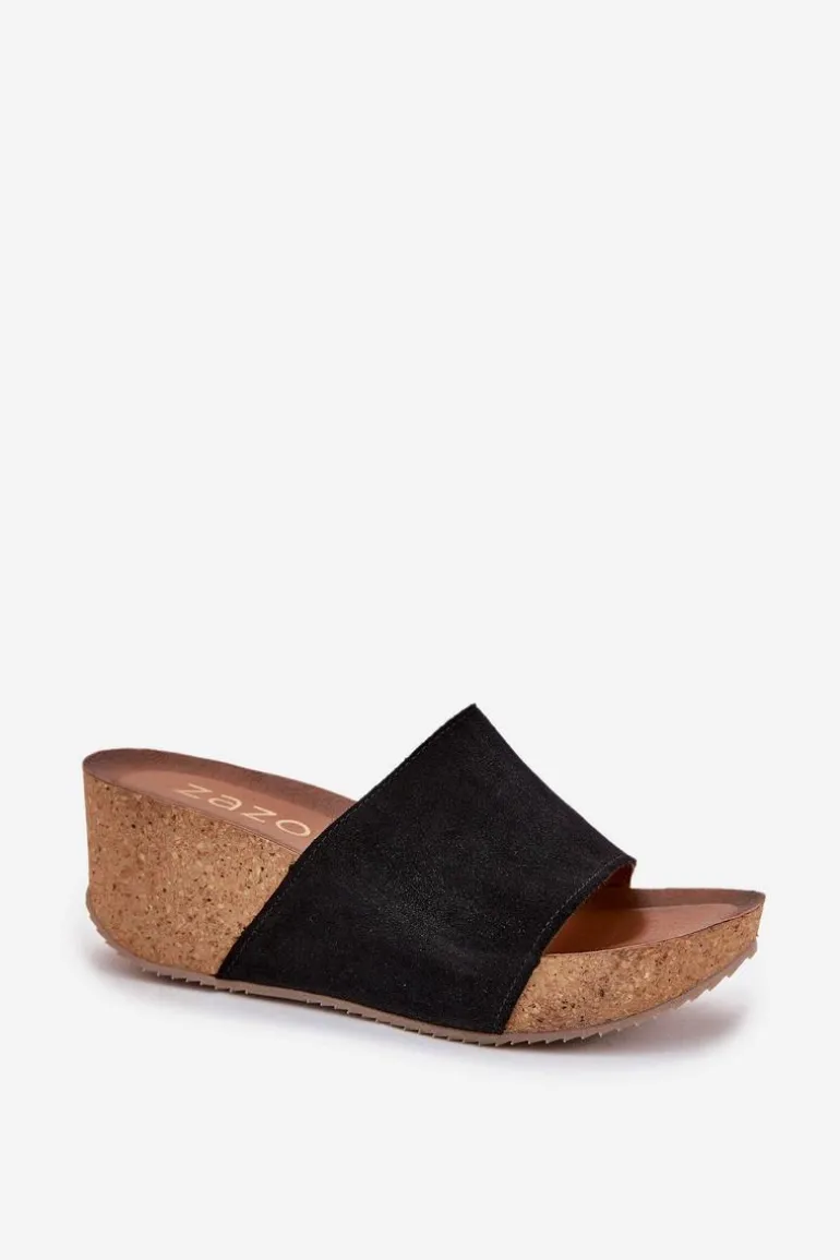 Zazoo 40311 Zamszowe Klapki Damskie Na Korkowym Koturnie Czarne
