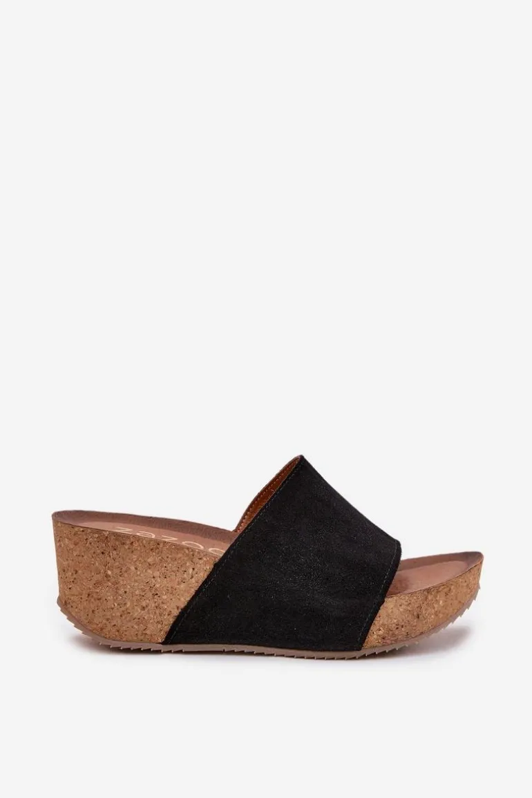 Zazoo 40311 Zamszowe Klapki Damskie Na Korkowym Koturnie Czarne