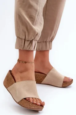 Zazoo 40311 Zamszowe Klapki Damskie Na Korkowym Koturnie Beżowe