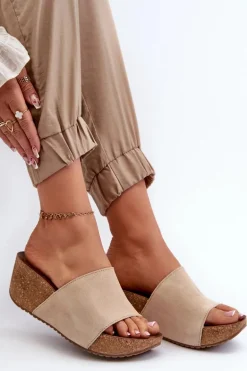 Zazoo 40311 Zamszowe Klapki Damskie Na Korkowym Koturnie Beżowe