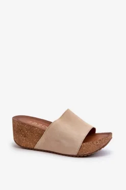 Zazoo 40311 Zamszowe Klapki Damskie Na Korkowym Koturnie Beżowe