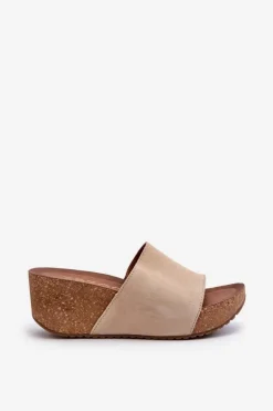 Zazoo 40311 Zamszowe Klapki Damskie Na Korkowym Koturnie Beżowe