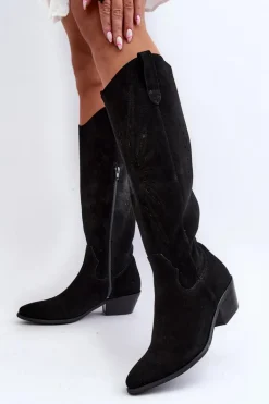 Zazoo 2909 Zamszowe Kozaki Ażurowe Na Niskim Obcasie Czarne