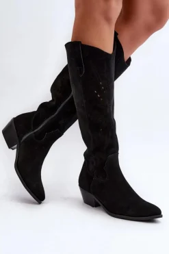 Zazoo 2909 Zamszowe Kozaki Ażurowe Na Niskim Obcasie Czarne