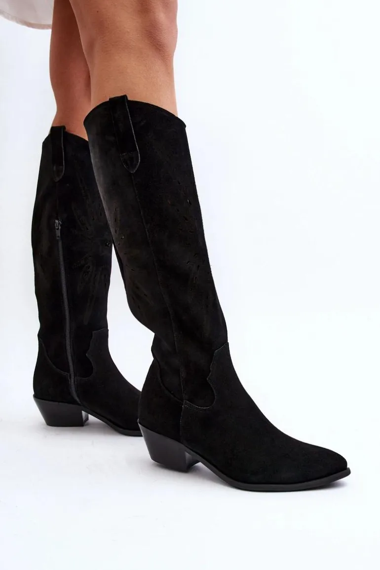 Zazoo 2909 Zamszowe Kozaki Ażurowe Na Niskim Obcasie Czarne