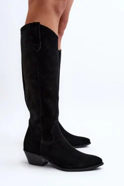 Zazoo 2909 Zamszowe Kozaki Ażurowe Na Niskim Obcasie Czarne