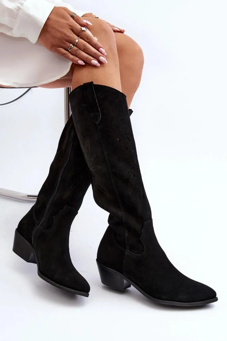 Zazoo 2909 Zamszowe Kozaki Ażurowe Na Niskim Obcasie Czarne