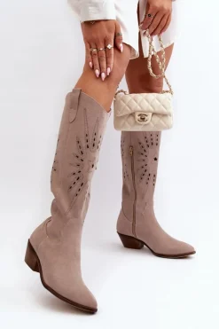 Zazoo 2909 Zamszowe Kozaki Ażurowe Na Niskim Obcasie Beżowe